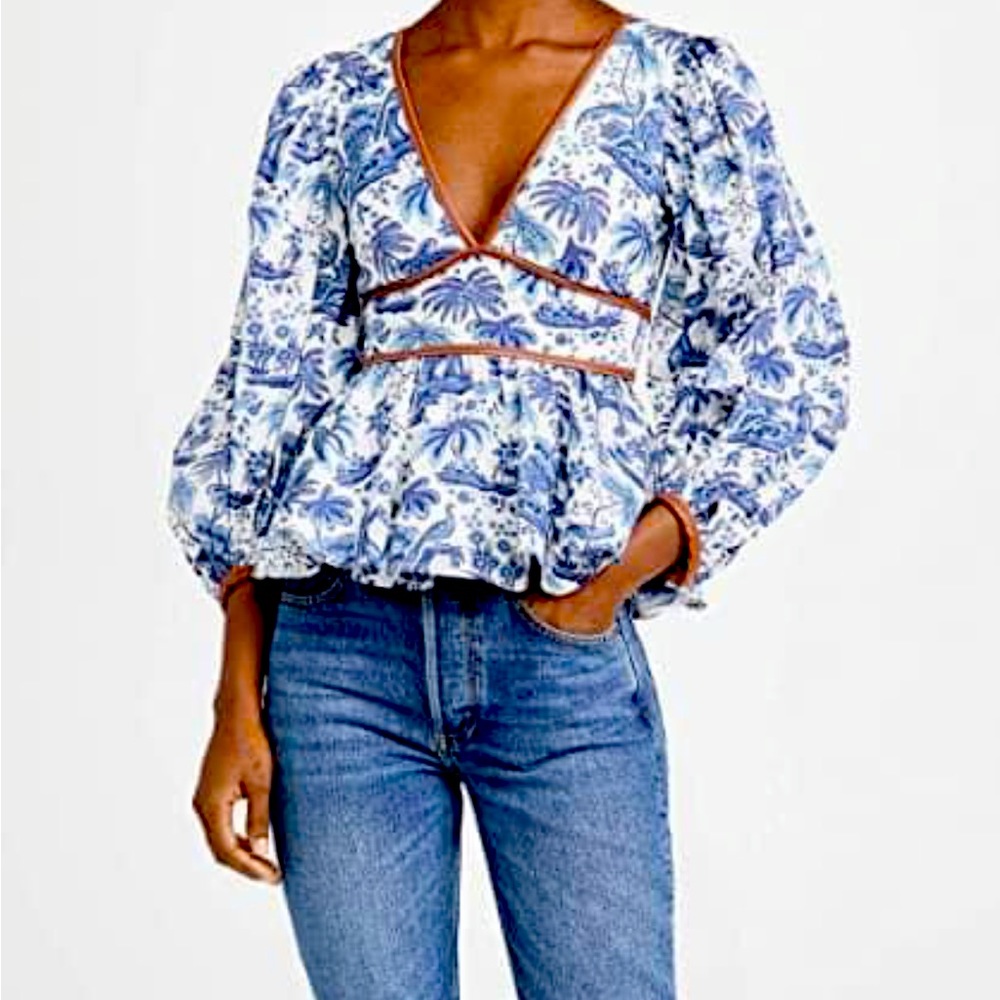 STAUD Luna Blouson-Sleeve Top